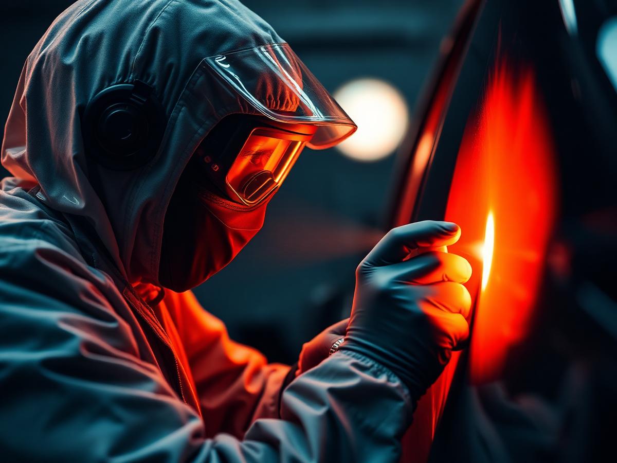 Technician preparing a vehicle panel for paint in the booth at Paul's Auto Body Shop in San Jose